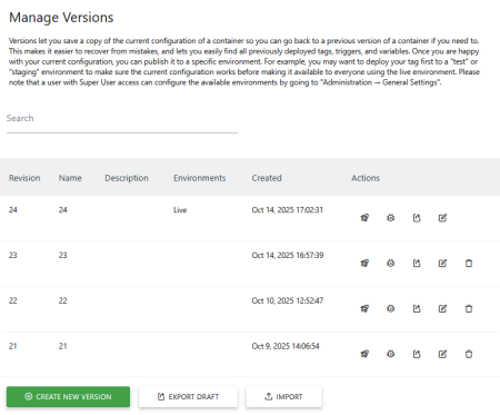 manage versions in tag manager
