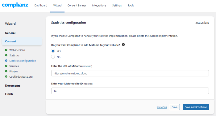 configure complianz for matomo