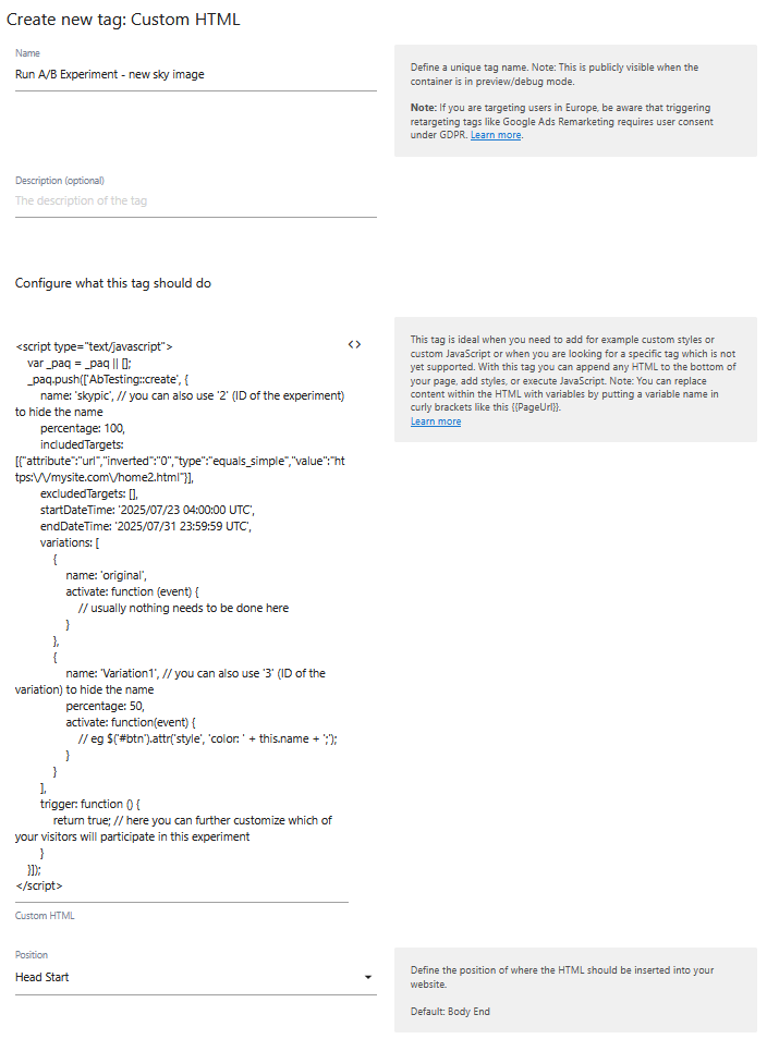 add ab test to custom html tag in tag manager