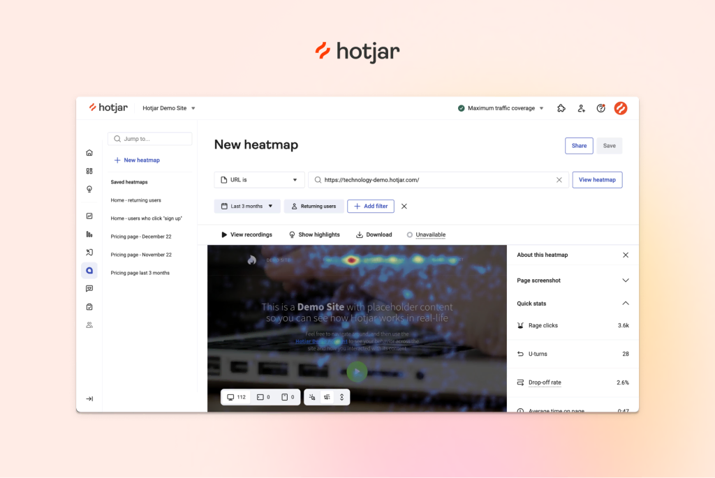 A screenshot of Hotjar's heatmap report
