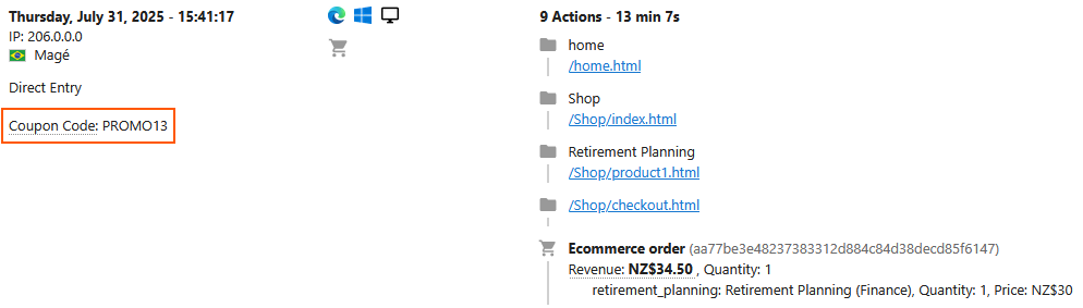 view matomo visit dimension coupon code