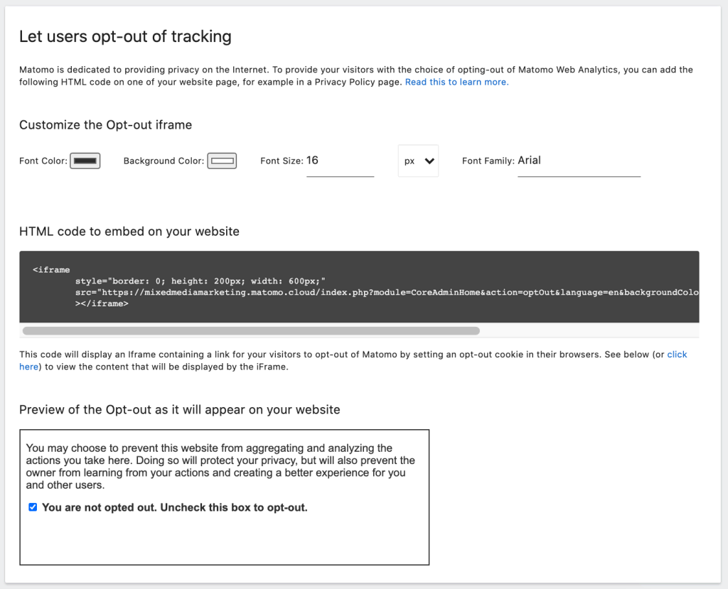 The opt-out of tracking form on Matomo's website