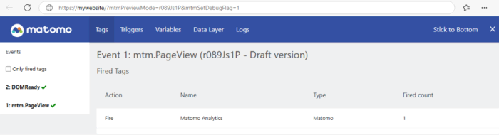 debug window in tag manager