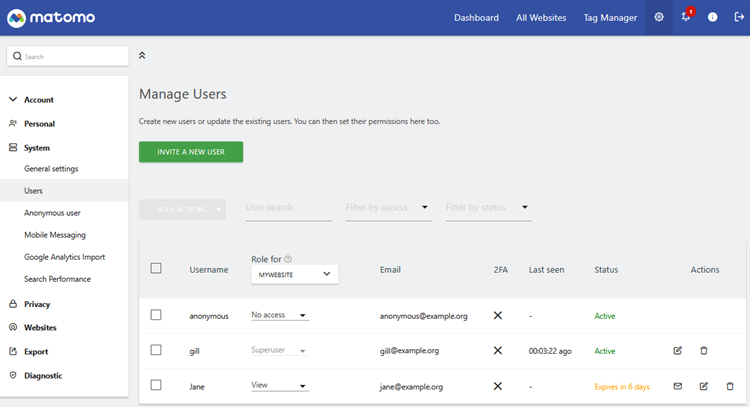 manage users in matomo