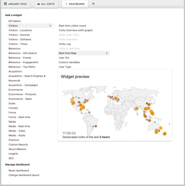 Screenshot of Matomo reporting widgets