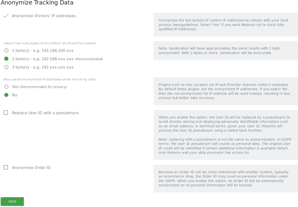 atomo’s data anonymisation settings.