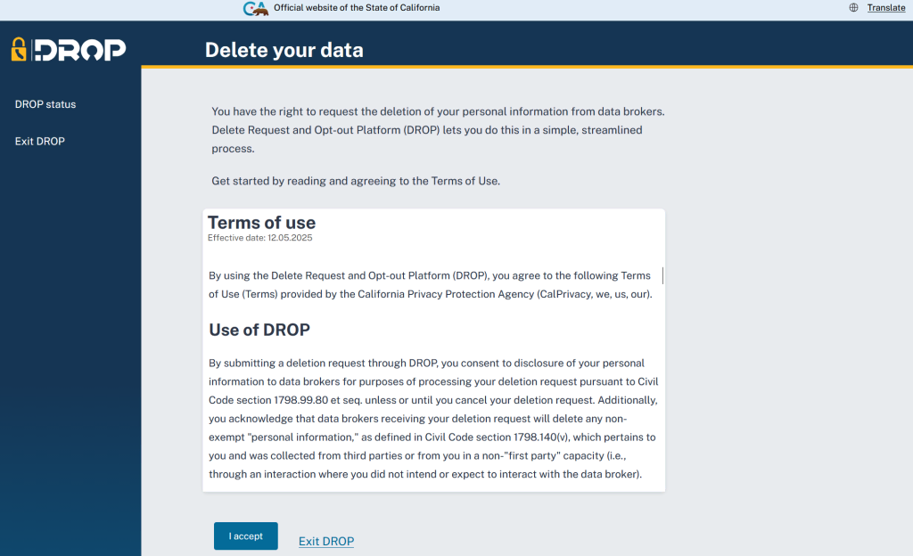The front page of the DROP platform website, showing its Terms of Use.