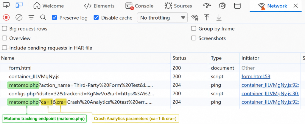 crash analytics tracking request parameters