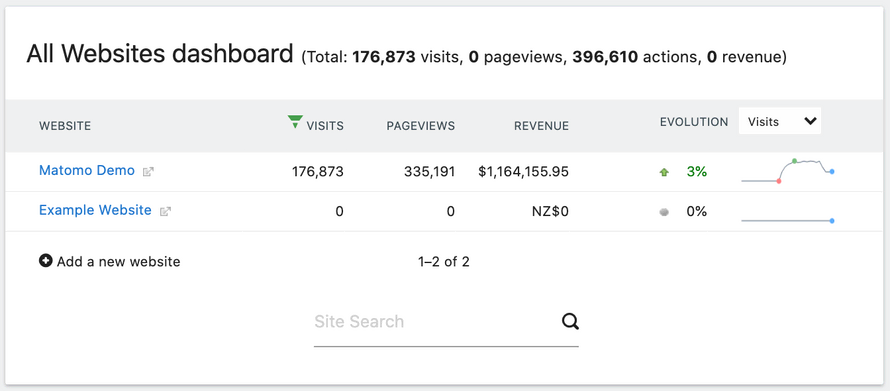 Matomo Websites Dashboard